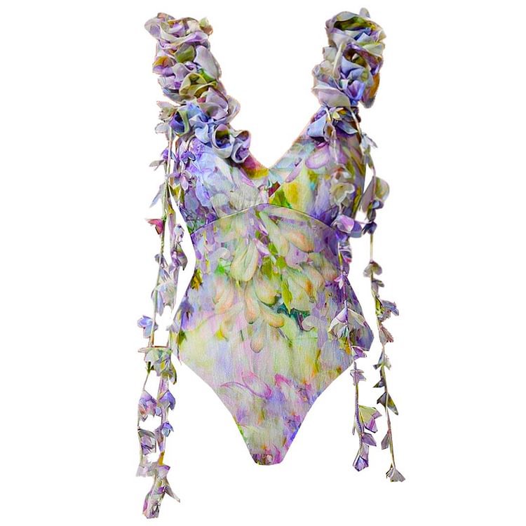 3D Floral Decorative Printed Tassel One Piece Swimsuit Women Clothes