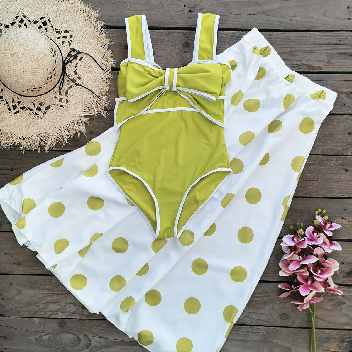 One Piece Swimsuit Women Skirt Two Piece Set Sexy Bow